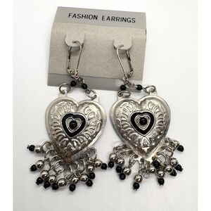 Vintage Silver Tone & Black‎ Heart Dangle Drop Pierced Leverback Earrings Korea